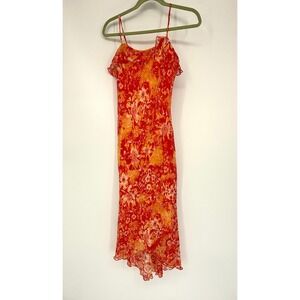 Vintage Y2K Orange Floral Sheer Midi Dress Fairy Coquette Asymmetrical Hem